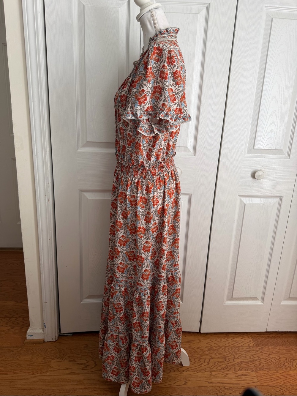 Max Studio Orange Cream Floral Maxi Dress Size XL Boho Ruffle V-Neck Peasant EUC - Picture 6 of 7